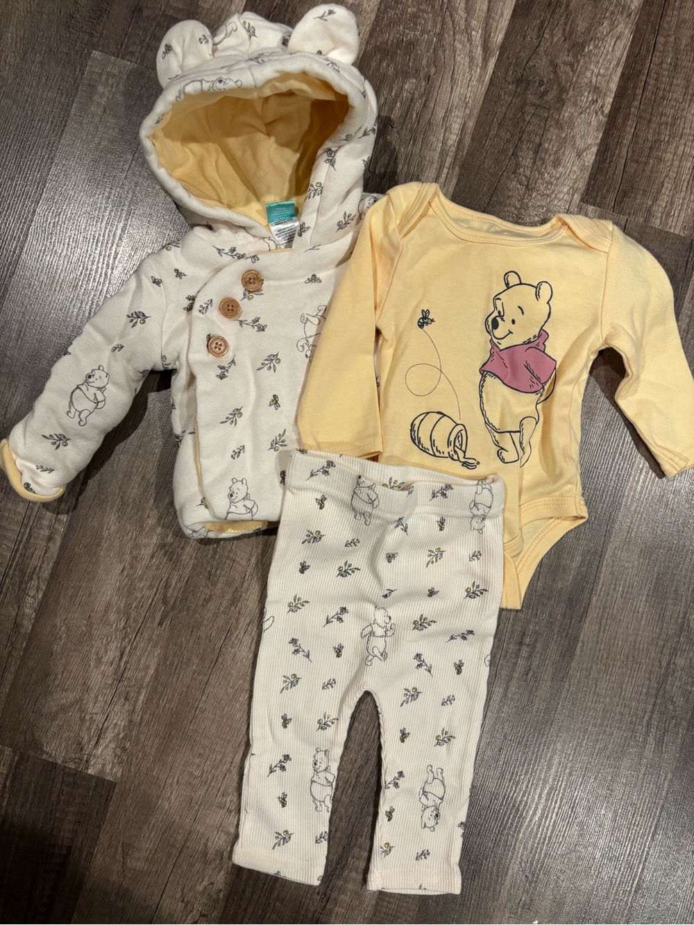 Disney Yellow Winnie the Pooh 3-Piece Bodysuit Set with Cream Hooded Jacket